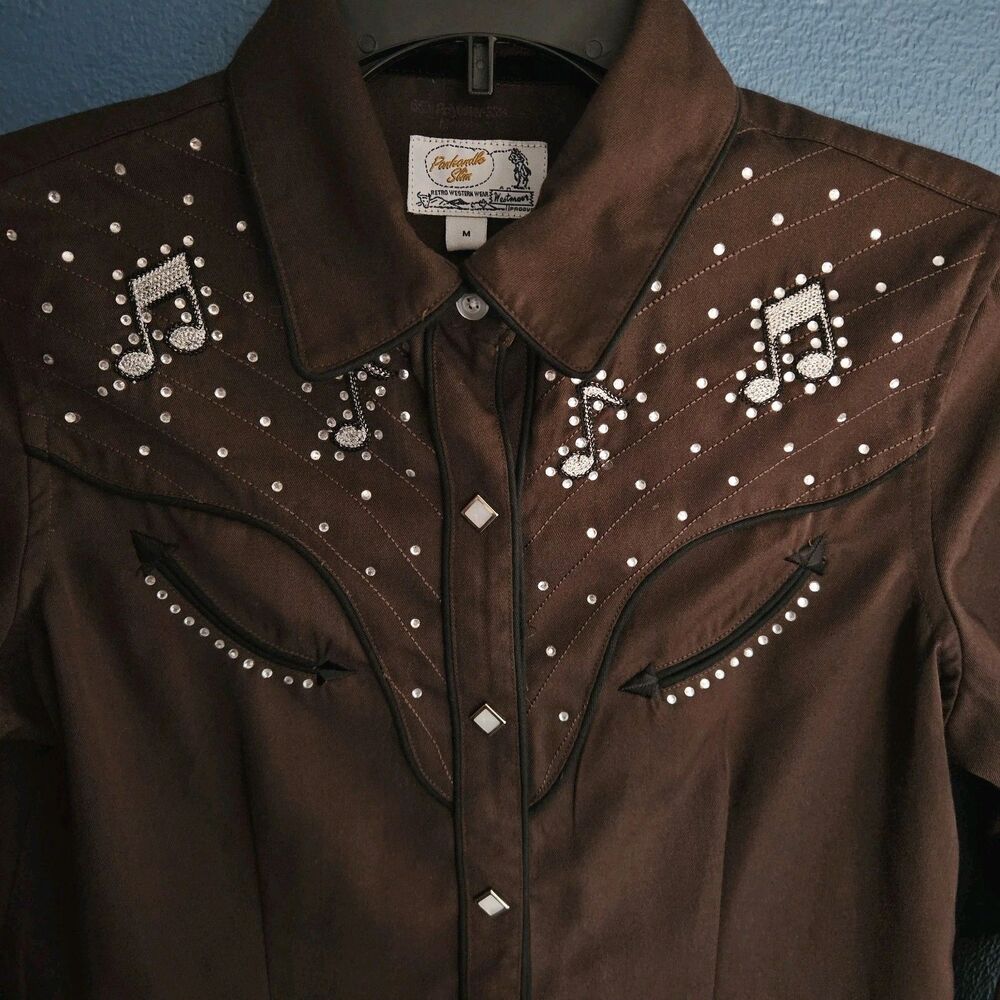 VTG Panhandle Slim Western Shirt Womens M Brown Rhinestone Musical Note Pearl Sn